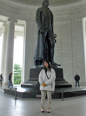Photo shows Ann standing in front of the statue of Jefferson.